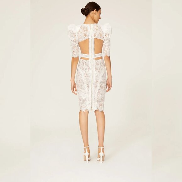 BRONX AND BANCO MADELEINE DRESS White Lace Bridal Wedding Puff Sleeve Illusion L - Picture 7 of 16